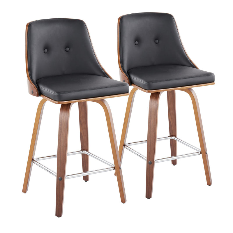 Gianna Mid-Century Modern Fixed-Height Counter Stool with Swivel in Walnut Wood and Light Black Faux Leather with Square Chrome Metal Footrest By LumiSource - Set of 2 | Counter Stools | Modishstore - 2