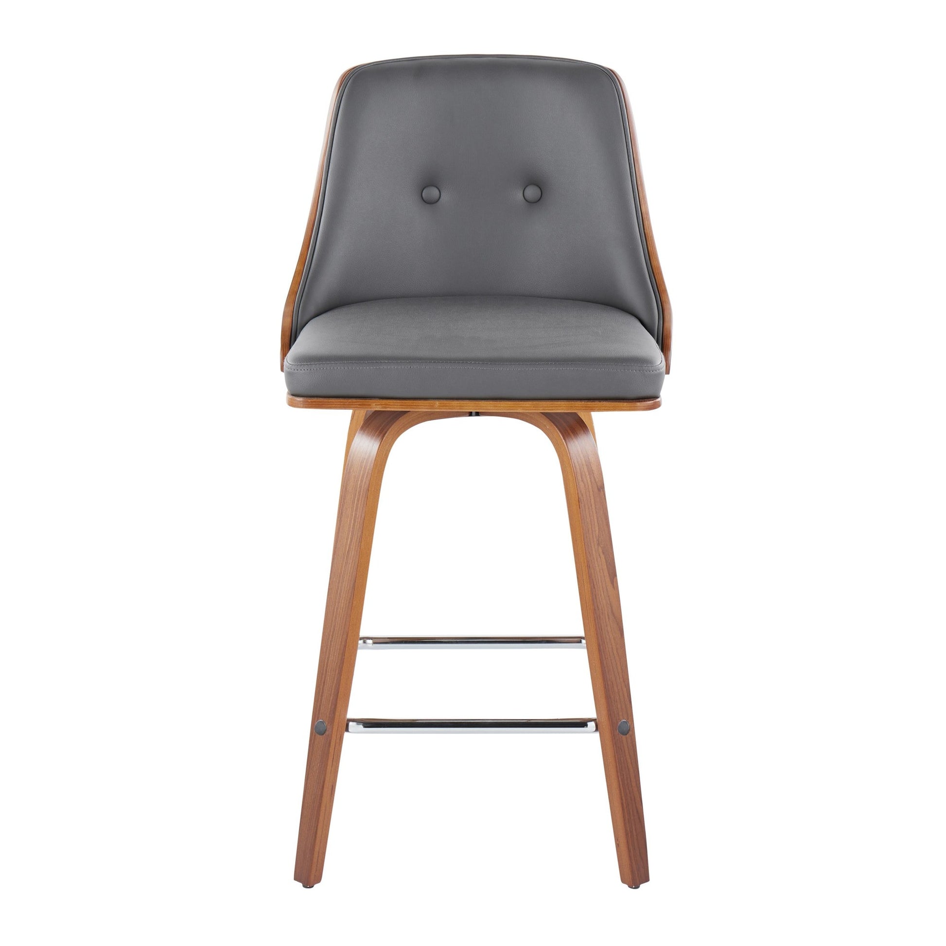 Gianna Mid-Century Modern Fixed-Height Counter Stool with Swivel in Walnut Wood and Light Black Faux Leather with Square Chrome Metal Footrest By LumiSource - Set of 2 | Counter Stools | Modishstore - 22