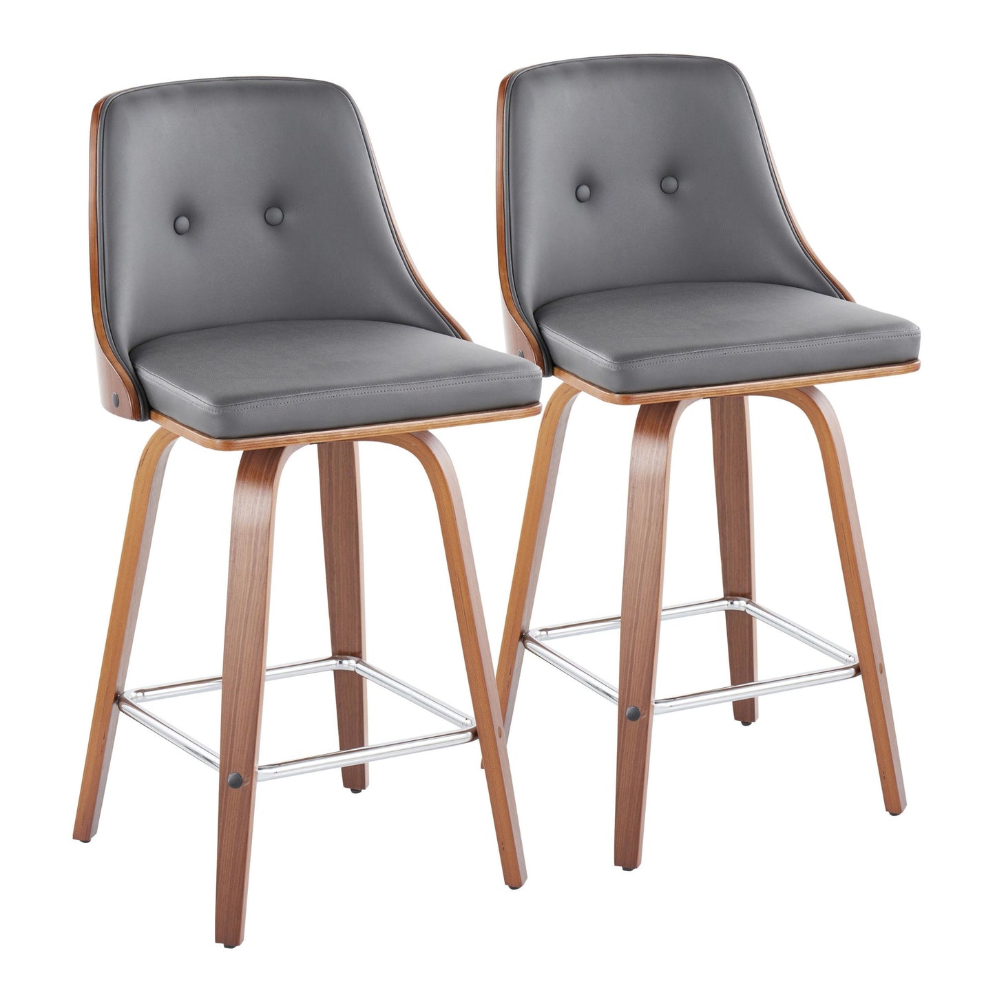 Gianna Mid-Century Modern Fixed-Height Counter Stool with Swivel in Walnut Wood and Light Black Faux Leather with Square Chrome Metal Footrest By LumiSource - Set of 2 | Counter Stools | Modishstore - 21