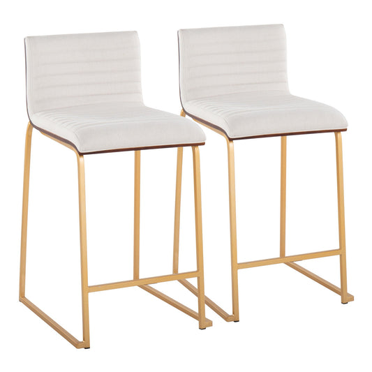 Mason Mara 26" Contemporary Fixed-Height Counter Stool in Gold Metal, Walnut Wood and Cream Fabric By LumiSource - Set of 2 | Counter Stools | Modishstore