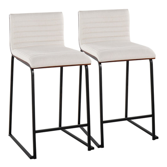 Mason Mara 26" Contemporary Fixed-Height Counter Stool in Black Metal, Walnut Wood and Cream Fabric By LumiSource - Set of 2 | Counter Stools | Modishstore