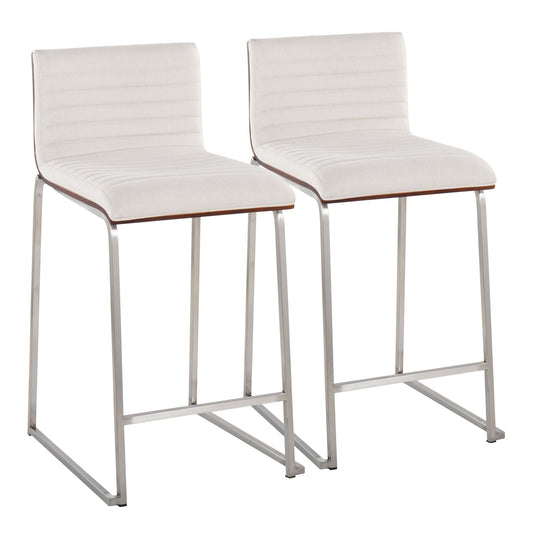 Mason Mara 26" Contemporary Fixed-Height Counter Stool in Stainless Steel, Walnut Wood and Cream Fabric By LumiSource - Set of 2 | Counter Stools | Modishstore