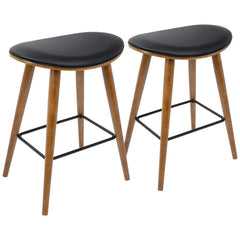 LumiSource Saddle Counter Stool - Set of 2 fixed counter height of 27 inch and Walnut Black and Walnut White with tapered Wood legs and Faux Leather Upholstery