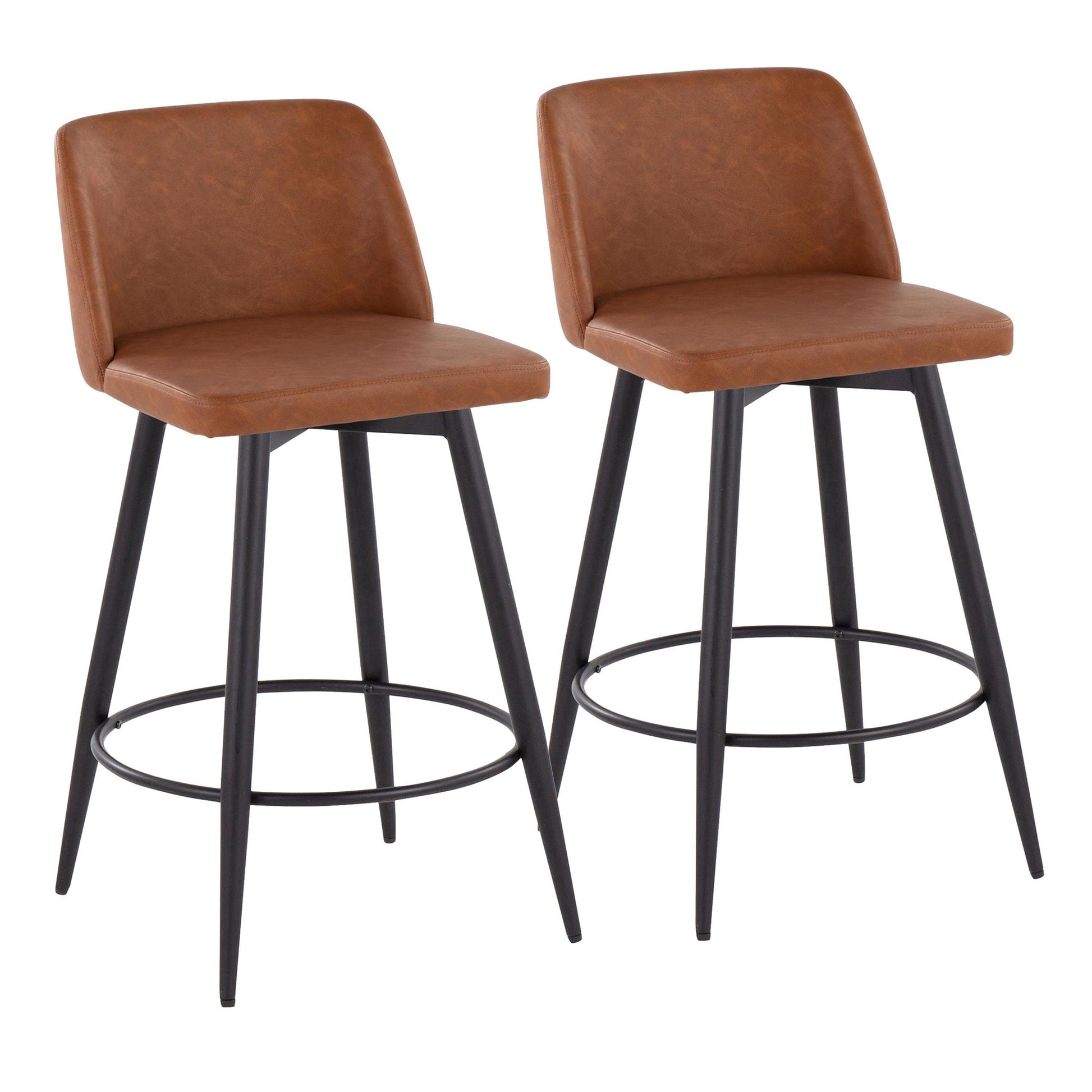 Toriano 26" Contemporary Fixed Height Counter Stool with Swivel in Camel Faux Leather and Black Metal with Round Footrest By LumiSource - Set of 2 | Counter Stools | Modishstore