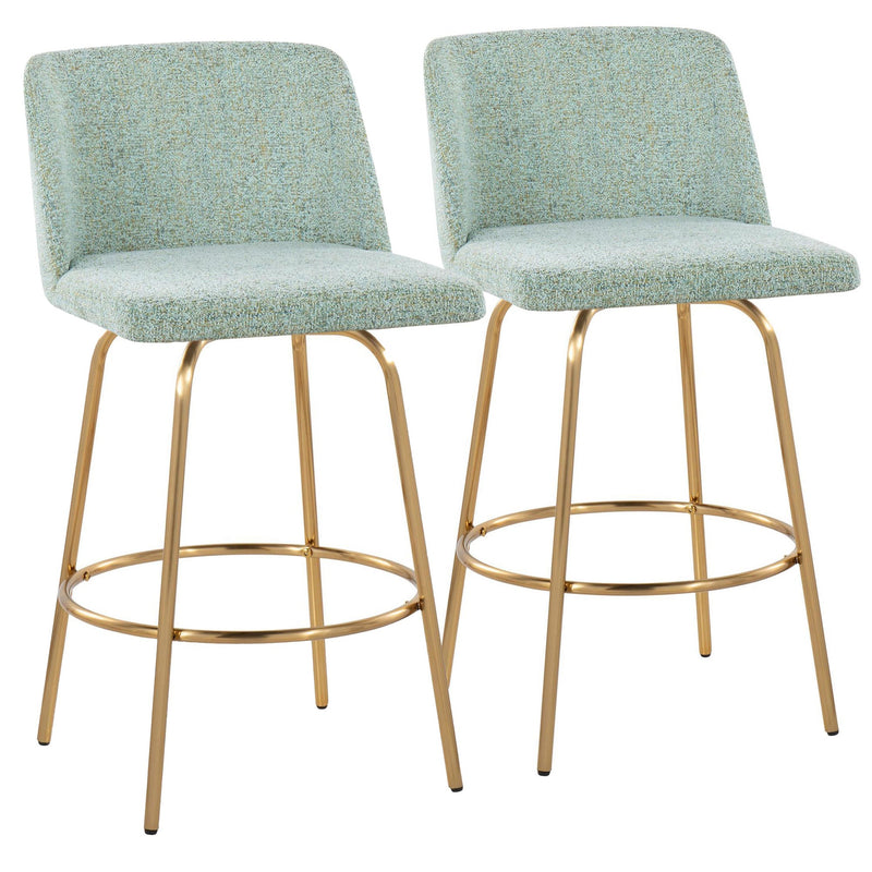 Toriano 26" Contemporary Fixed Height Counter Stool with Swivel in Light Green Fabric and Gold Metal with Round Footrest By LumiSource - Set of 2 | Counter Stools | Modishstore