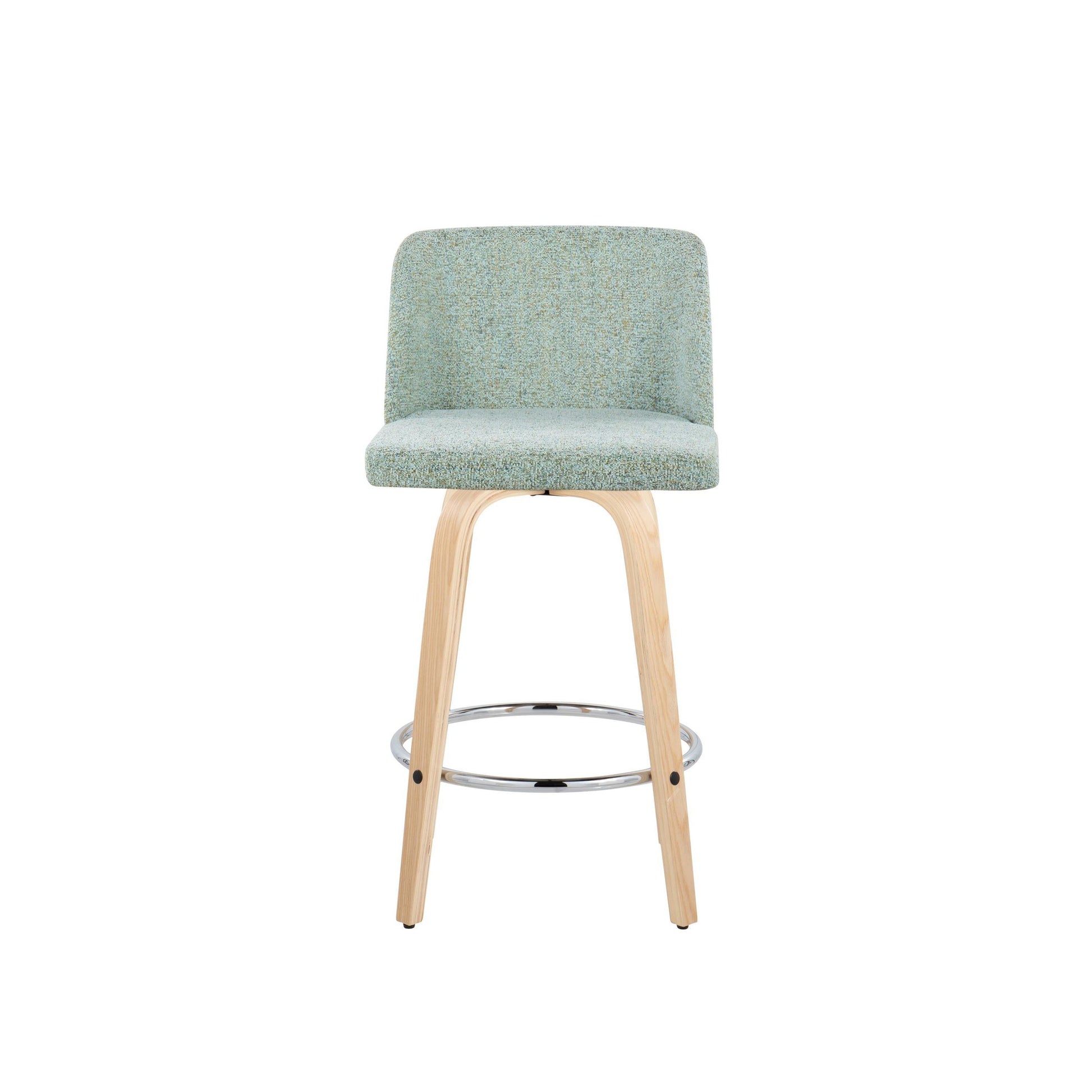 Toriano 26" Contemporary Fixed Height Counter Stool with Swivel in Natural Wood and Light Green Fabric with Round Chrome Metal Footrest By LumiSource - Set of 2 | Counter Stools | Modishstore - 2