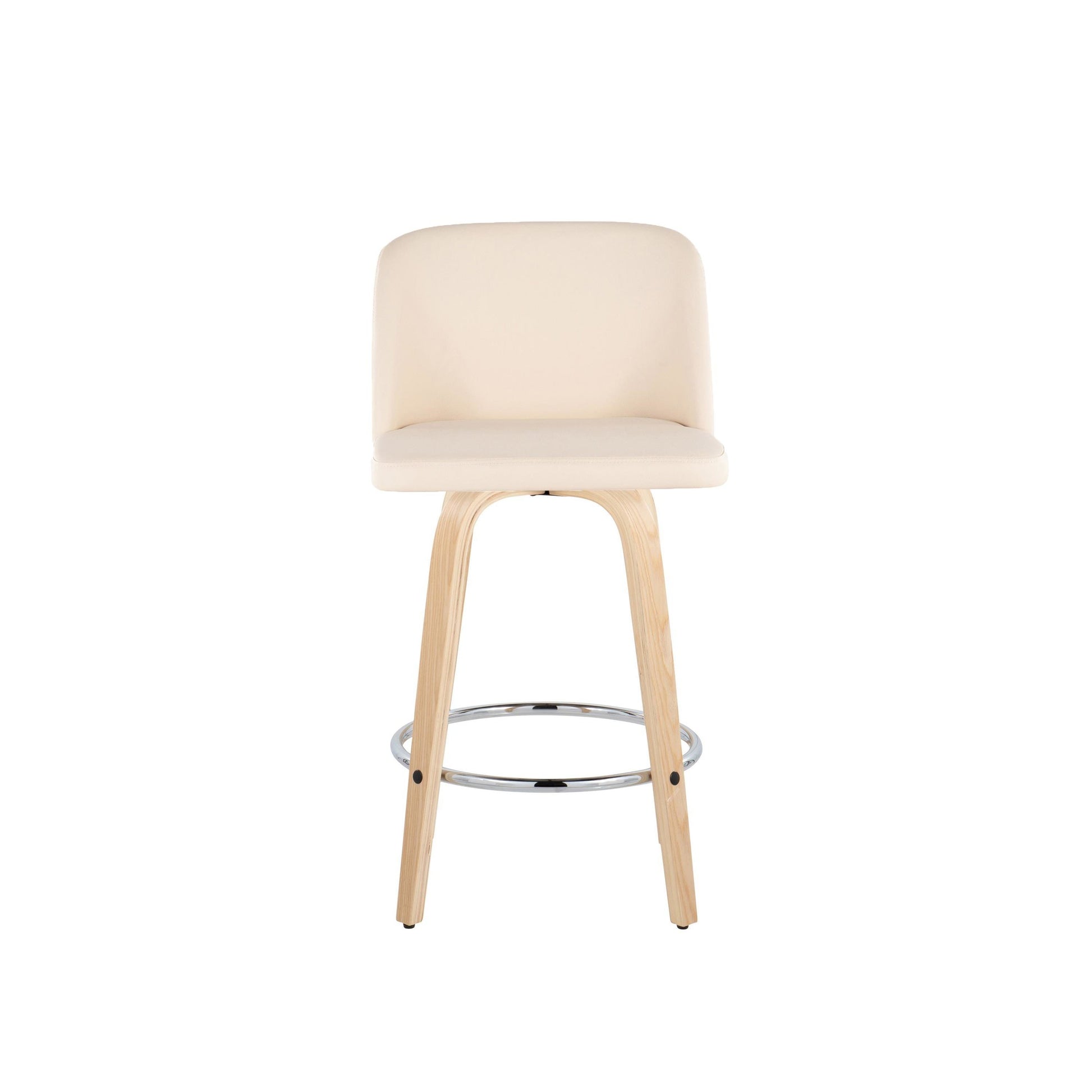 Toriano 26" Contemporary Fixed Height Counter Stool with Swivel in Natural Wood and Cream Faux Leather with Round Chrome Metal Footrest By LumiSource - Set of 2 | Counter Stools | Modishstore - 2