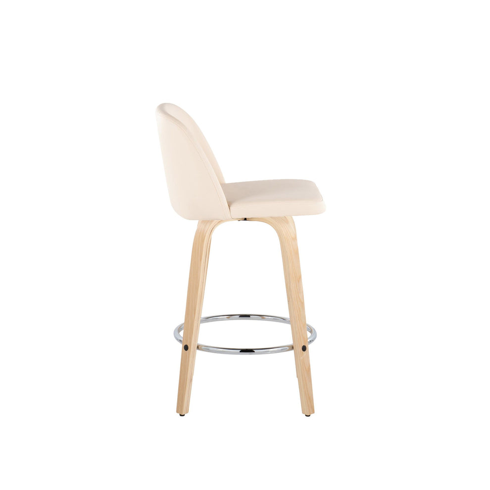 Toriano 26" Contemporary Fixed Height Counter Stool with Swivel in Natural Wood and Cream Faux Leather with Round Chrome Metal Footrest By LumiSource - Set of 2 | Counter Stools | Modishstore - 5