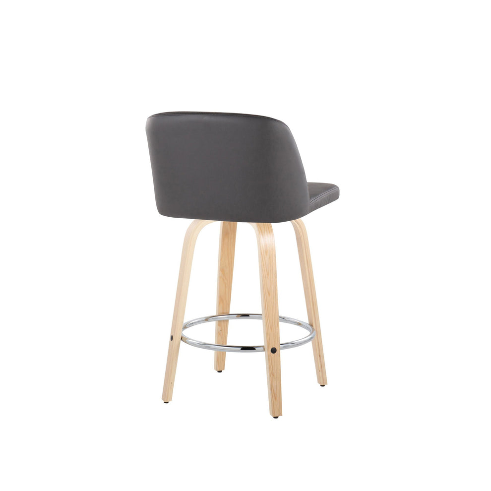 Toriano 26" Contemporary Fixed Height Counter Stool with Swivel in Natural Wood and Cream Faux Leather with Round Chrome Metal Footrest By LumiSource - Set of 2 | Counter Stools | Modishstore - 13