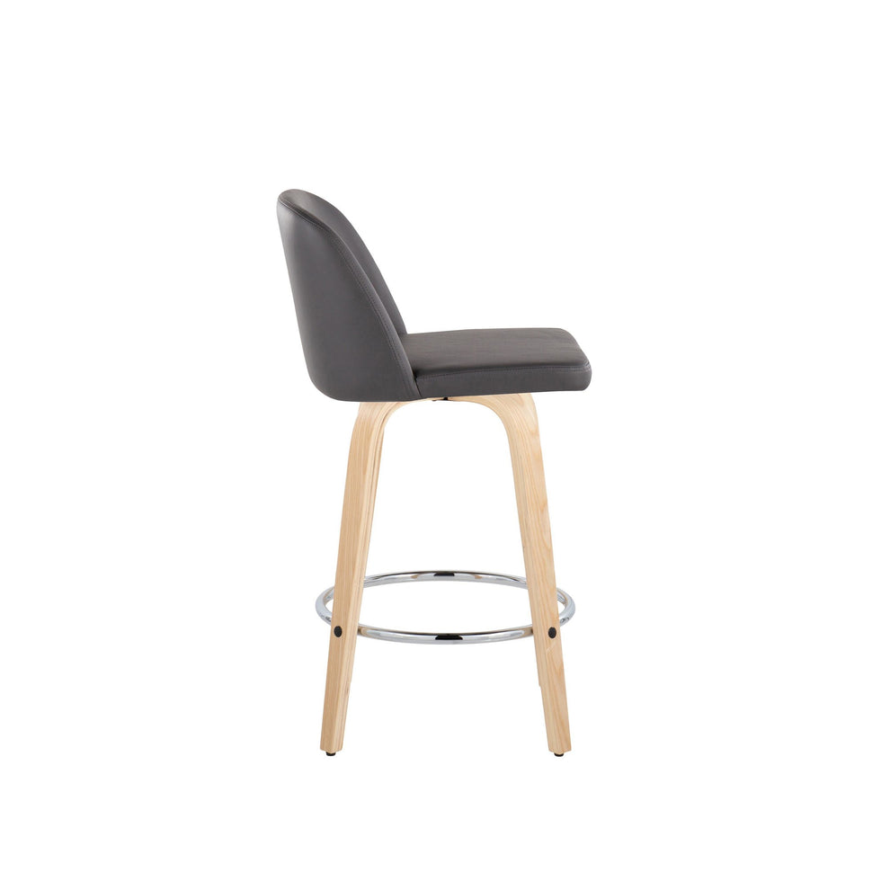 Toriano 26" Contemporary Fixed Height Counter Stool with Swivel in Natural Wood and Cream Faux Leather with Round Chrome Metal Footrest By LumiSource - Set of 2 | Counter Stools | Modishstore - 12