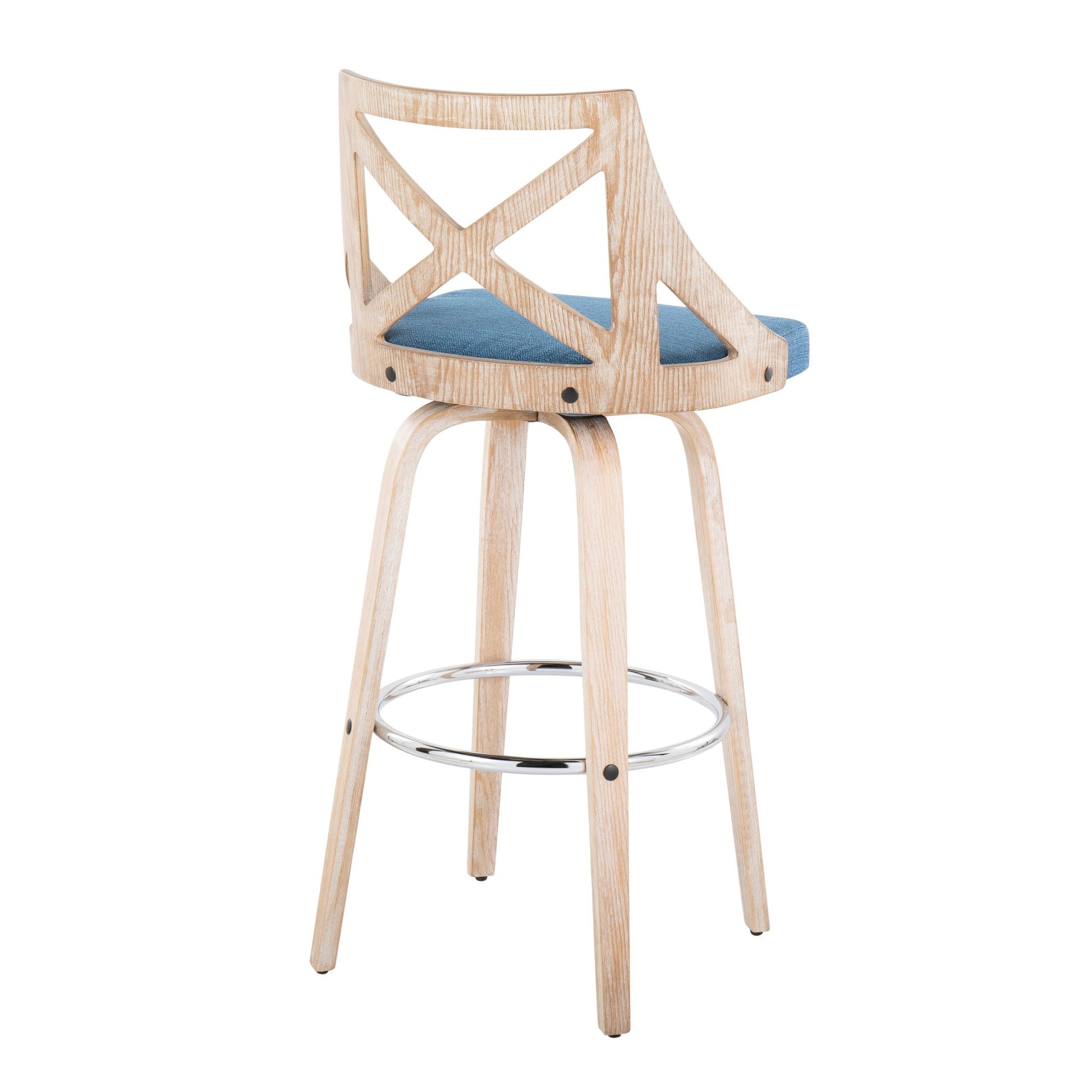 Charlotte 30" Farmhouse Fixed-Height Barstool with Swivel in White Washed Wood, Blue Fabric and Round Chrome Metal Footrest By LumiSource - Set of 2 | Bar Stools | Modishstore - 8