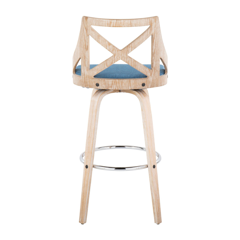 Charlotte 30" Farmhouse Fixed-Height Barstool with Swivel in White Washed Wood, Blue Fabric and Round Chrome Metal Footrest By LumiSource - Set of 2 | Bar Stools | Modishstore - 9