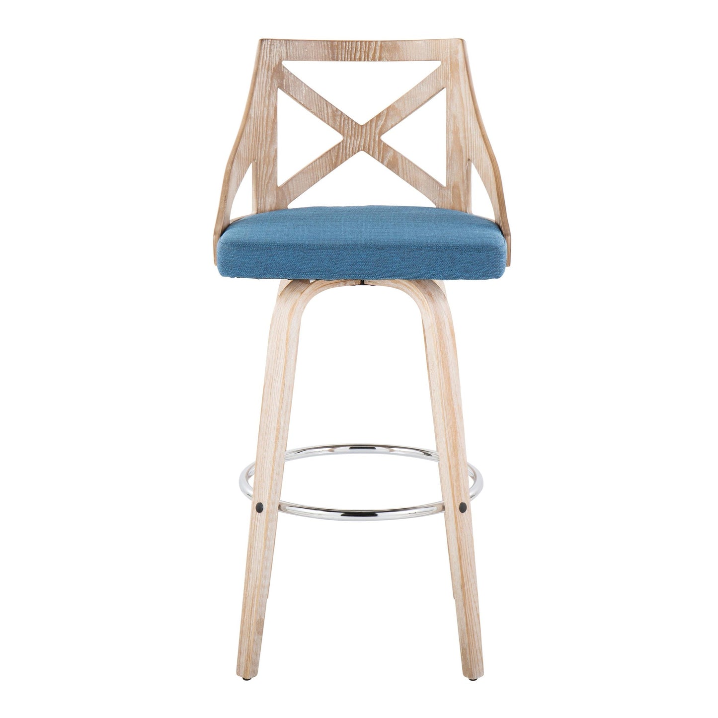 Charlotte 30" Farmhouse Fixed-Height Barstool with Swivel in White Washed Wood, Blue Fabric and Round Chrome Metal Footrest By LumiSource - Set of 2 | Bar Stools | Modishstore - 3