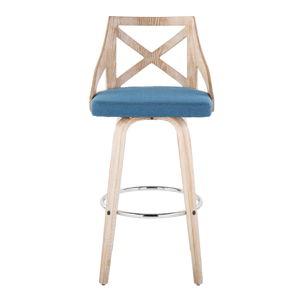 Charlotte 30" Farmhouse Fixed-Height Barstool with Swivel in White Washed Wood, Blue Fabric and Round Chrome Metal Footrest By LumiSource - Set of 2 | Bar Stools | Modishstore - 3