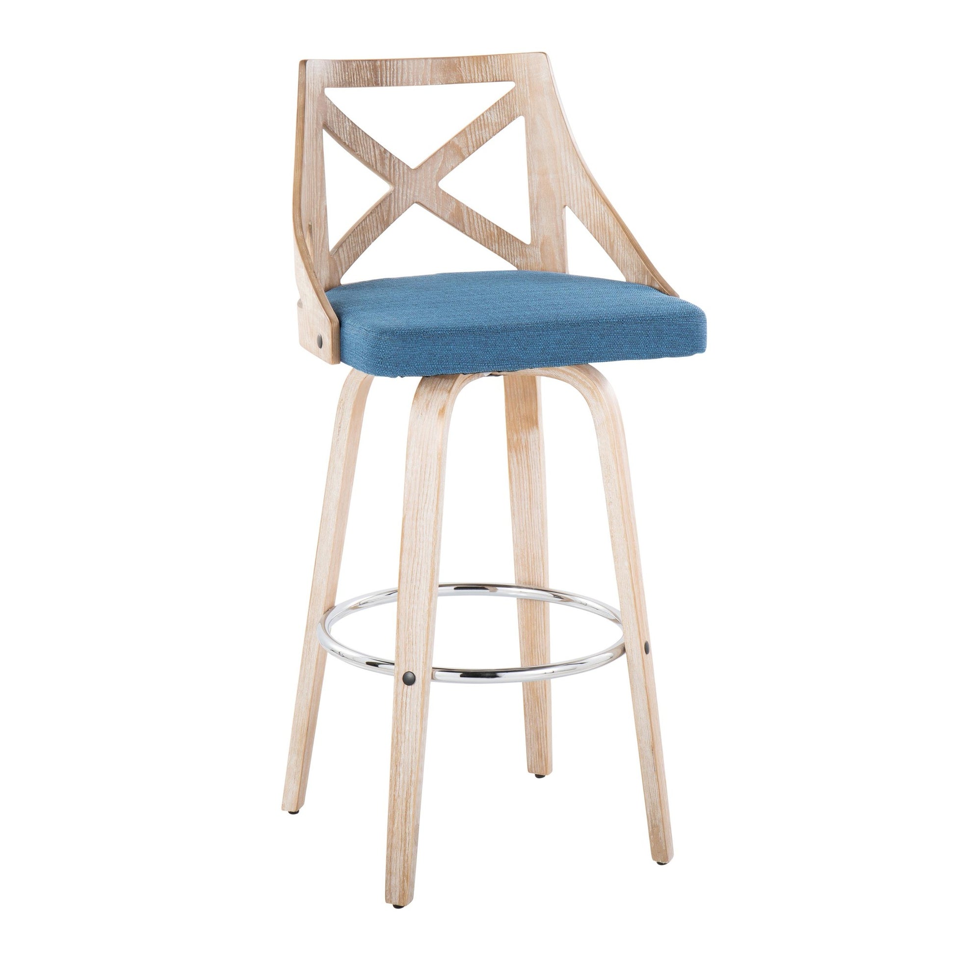 Charlotte 30" Farmhouse Fixed-Height Barstool with Swivel in White Washed Wood, Blue Fabric and Round Chrome Metal Footrest By LumiSource - Set of 2 | Bar Stools | Modishstore - 6