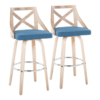 Charlotte 30" Farmhouse Fixed-Height Barstool with Swivel in White Washed Wood, Blue Fabric and Round Chrome Metal Footrest By LumiSource - Set of 2 | Bar Stools | Modishstore - 2