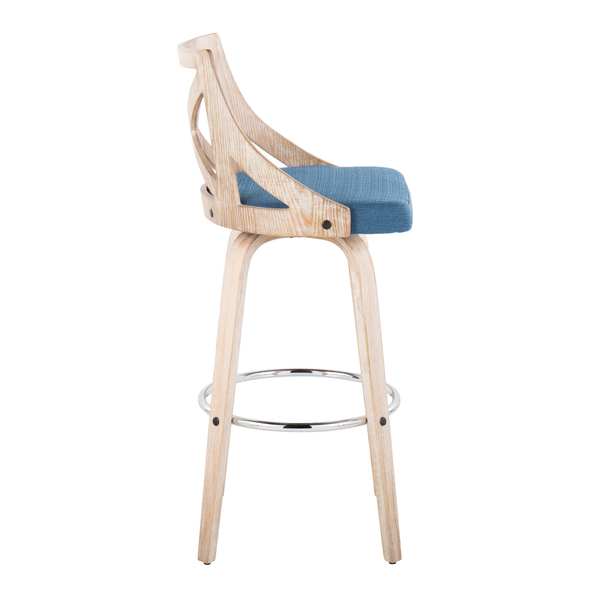 Charlotte 30" Farmhouse Fixed-Height Barstool with Swivel in White Washed Wood, Blue Fabric and Round Chrome Metal Footrest By LumiSource - Set of 2 | Bar Stools | Modishstore - 7