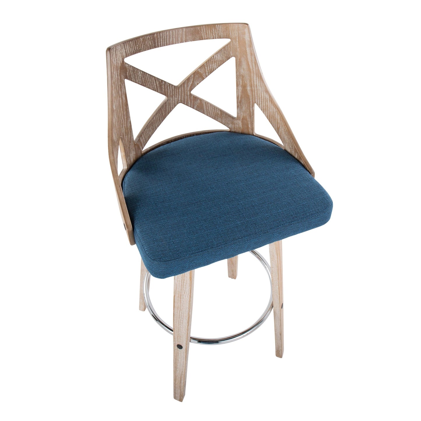 Charlotte 30" Farmhouse Fixed-Height Barstool with Swivel in White Washed Wood, Blue Fabric and Round Chrome Metal Footrest By LumiSource - Set of 2 | Bar Stools | Modishstore - 4