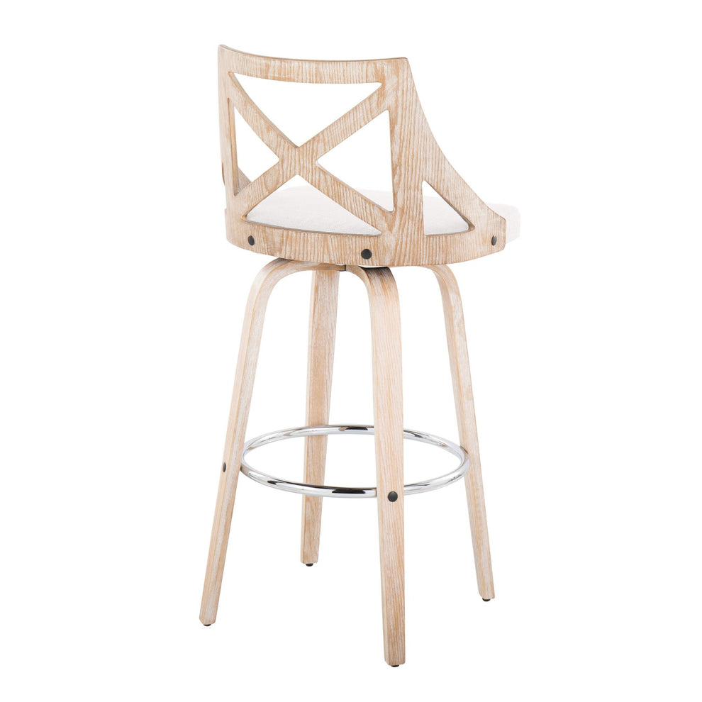 Charlotte 30" Farmhouse Fixed-Height Barstool with Swivel in White Washed Wood, Blue Fabric and Round Chrome Metal Footrest By LumiSource - Set of 2 | Bar Stools | Modishstore - 17