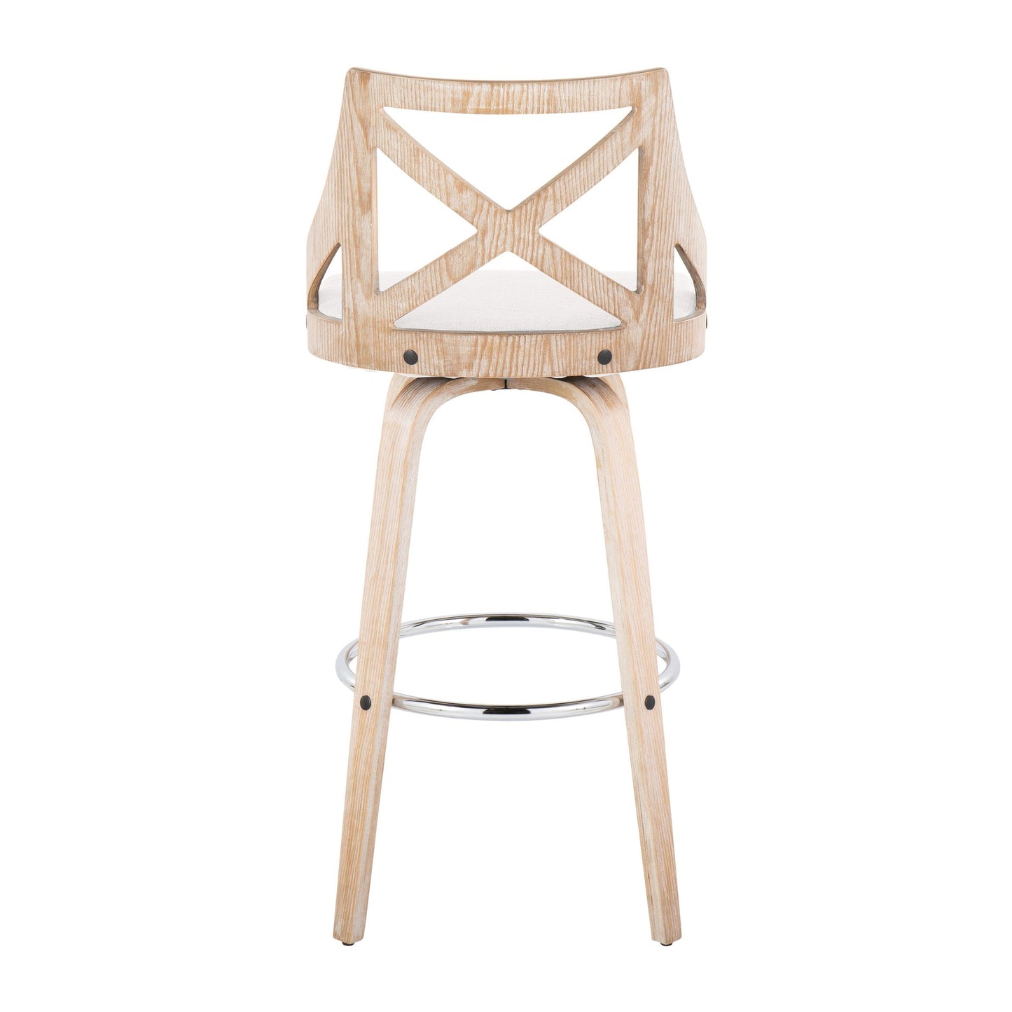 Charlotte 30" Farmhouse Fixed-Height Barstool with Swivel in White Washed Wood, Blue Fabric and Round Chrome Metal Footrest By LumiSource - Set of 2 | Bar Stools | Modishstore - 18