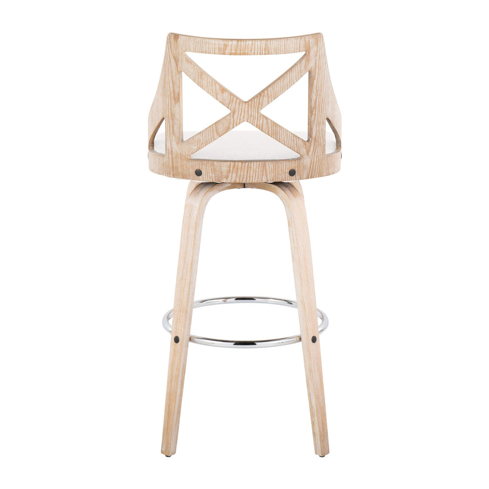 Charlotte 30" Farmhouse Fixed-Height Barstool with Swivel in White Washed Wood, Blue Fabric and Round Chrome Metal Footrest By LumiSource - Set of 2 | Bar Stools | Modishstore - 18