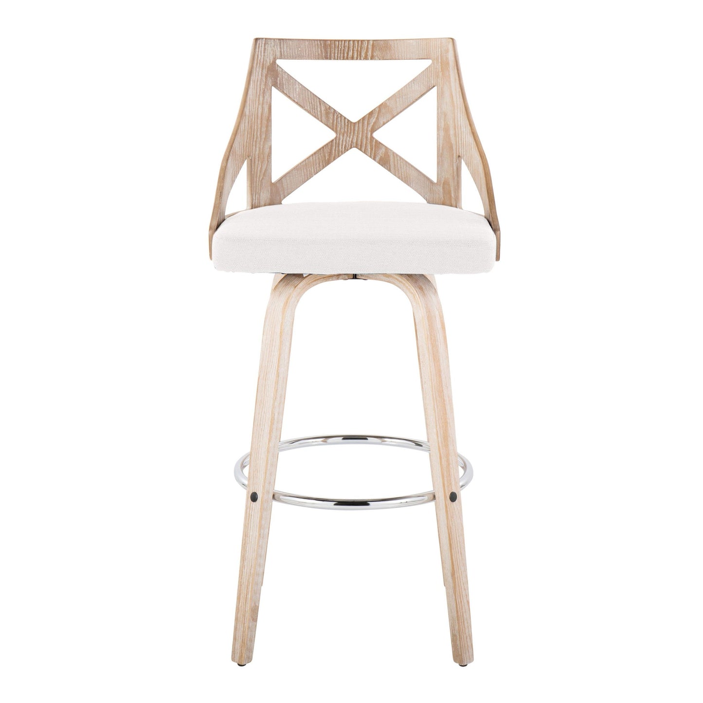 Charlotte 30" Farmhouse Fixed-Height Barstool with Swivel in White Washed Wood, Blue Fabric and Round Chrome Metal Footrest By LumiSource - Set of 2 | Bar Stools | Modishstore - 11