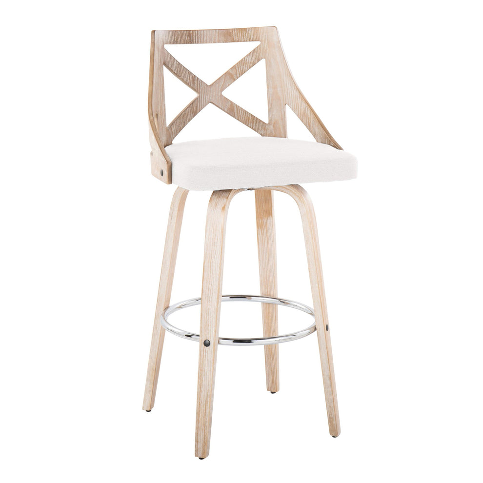 Charlotte 30" Farmhouse Fixed-Height Barstool with Swivel in White Washed Wood, Blue Fabric and Round Chrome Metal Footrest By LumiSource - Set of 2 | Bar Stools | Modishstore - 15