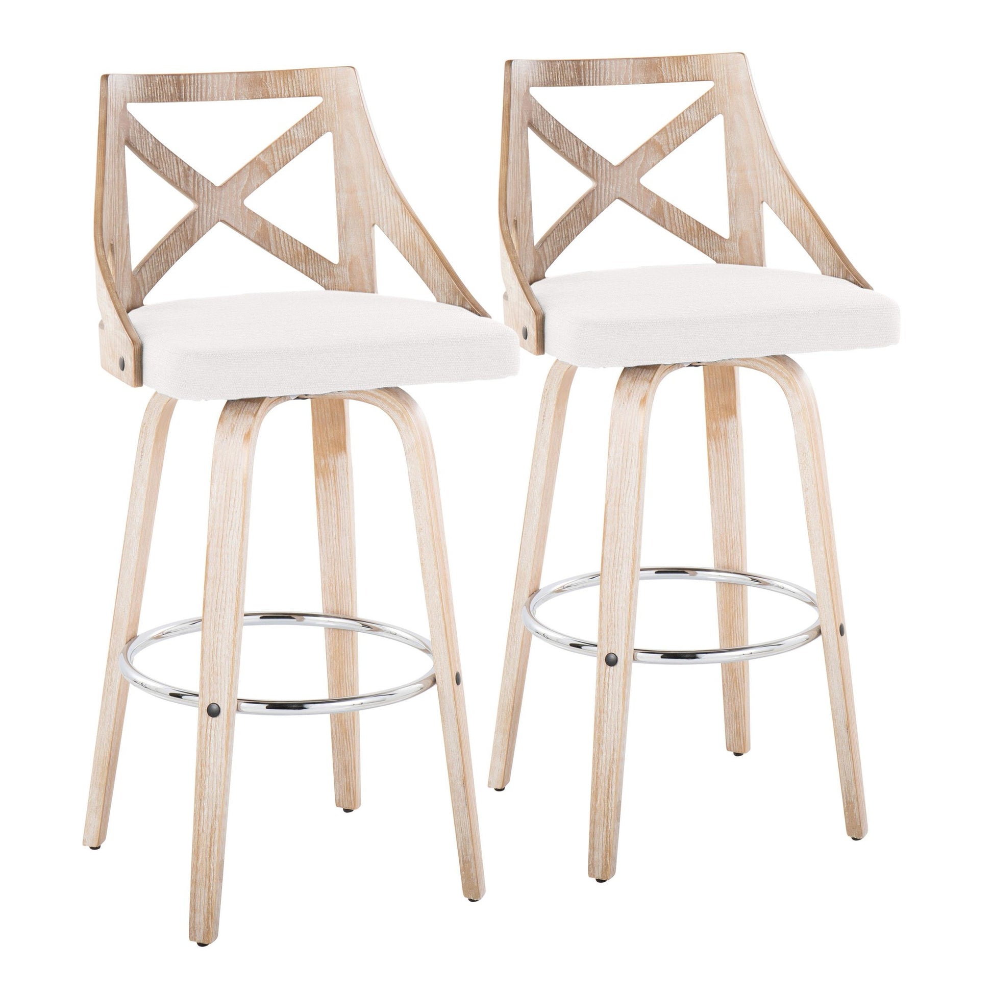 Charlotte 30" Farmhouse Fixed-Height Barstool with Swivel in White Washed Wood, Blue Fabric and Round Chrome Metal Footrest By LumiSource - Set of 2 | Bar Stools | Modishstore - 10