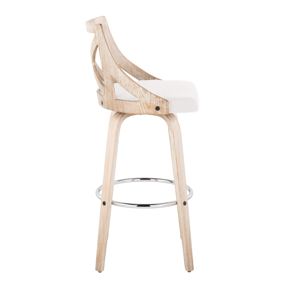 Charlotte 30" Farmhouse Fixed-Height Barstool with Swivel in White Washed Wood, Blue Fabric and Round Chrome Metal Footrest By LumiSource - Set of 2 | Bar Stools | Modishstore - 16