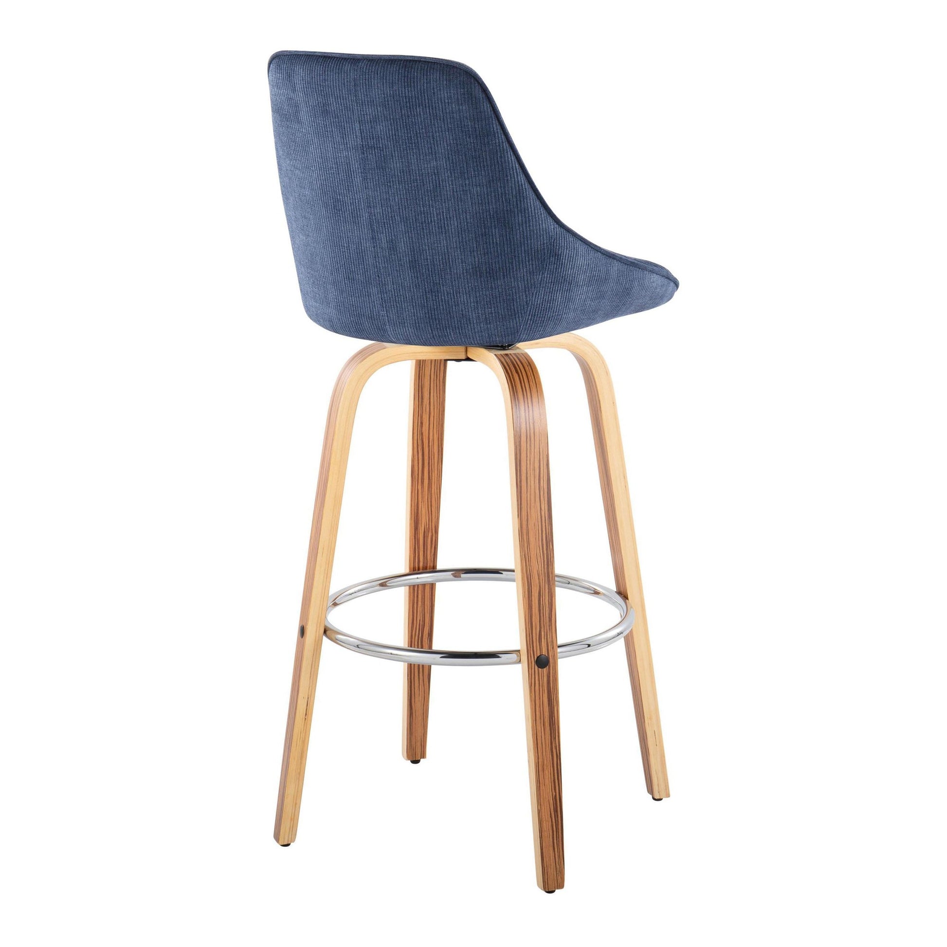 Diana 30" Contemporary Fixed-Height Barstool with Swivel in Zebra Wood and Blue Corduroy Fabric with Round Chrome Footrest By LumiSource - Set of 2 | Bar Stools | Modishstore - 7