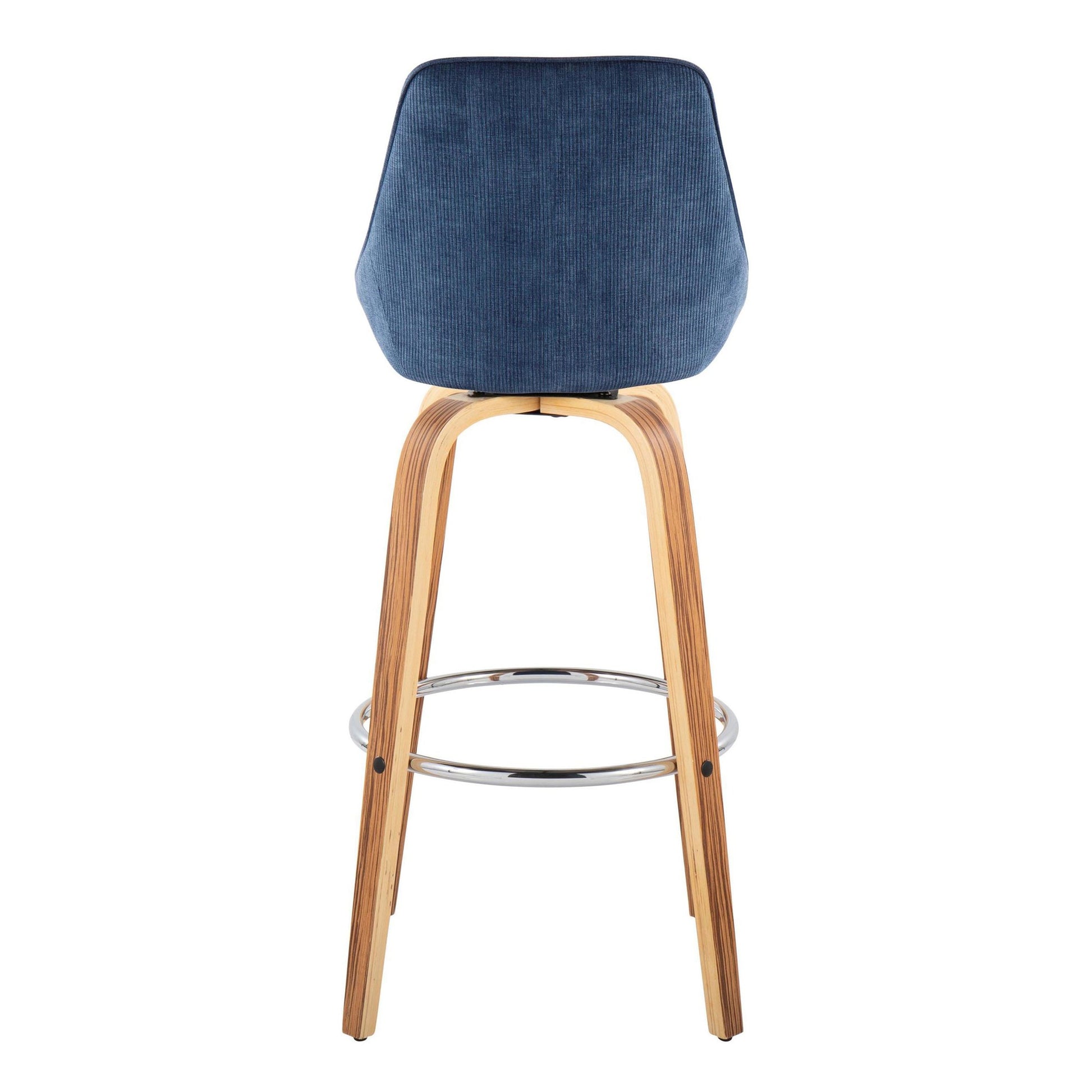 Diana 30" Contemporary Fixed-Height Barstool with Swivel in Zebra Wood and Blue Corduroy Fabric with Round Chrome Footrest By LumiSource - Set of 2 | Bar Stools | Modishstore - 8