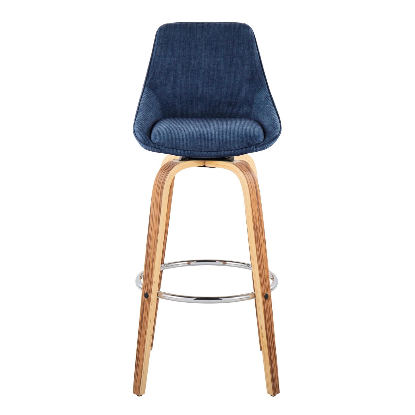 Diana 30" Contemporary Fixed-Height Barstool with Swivel in Zebra Wood and Blue Corduroy Fabric with Round Chrome Footrest By LumiSource - Set of 2 | Bar Stools | Modishstore - 3