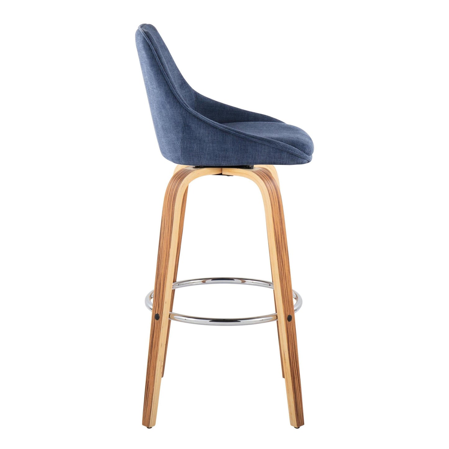 Diana 30" Contemporary Fixed-Height Barstool with Swivel in Zebra Wood and Blue Corduroy Fabric with Round Chrome Footrest By LumiSource - Set of 2 | Bar Stools | Modishstore - 6