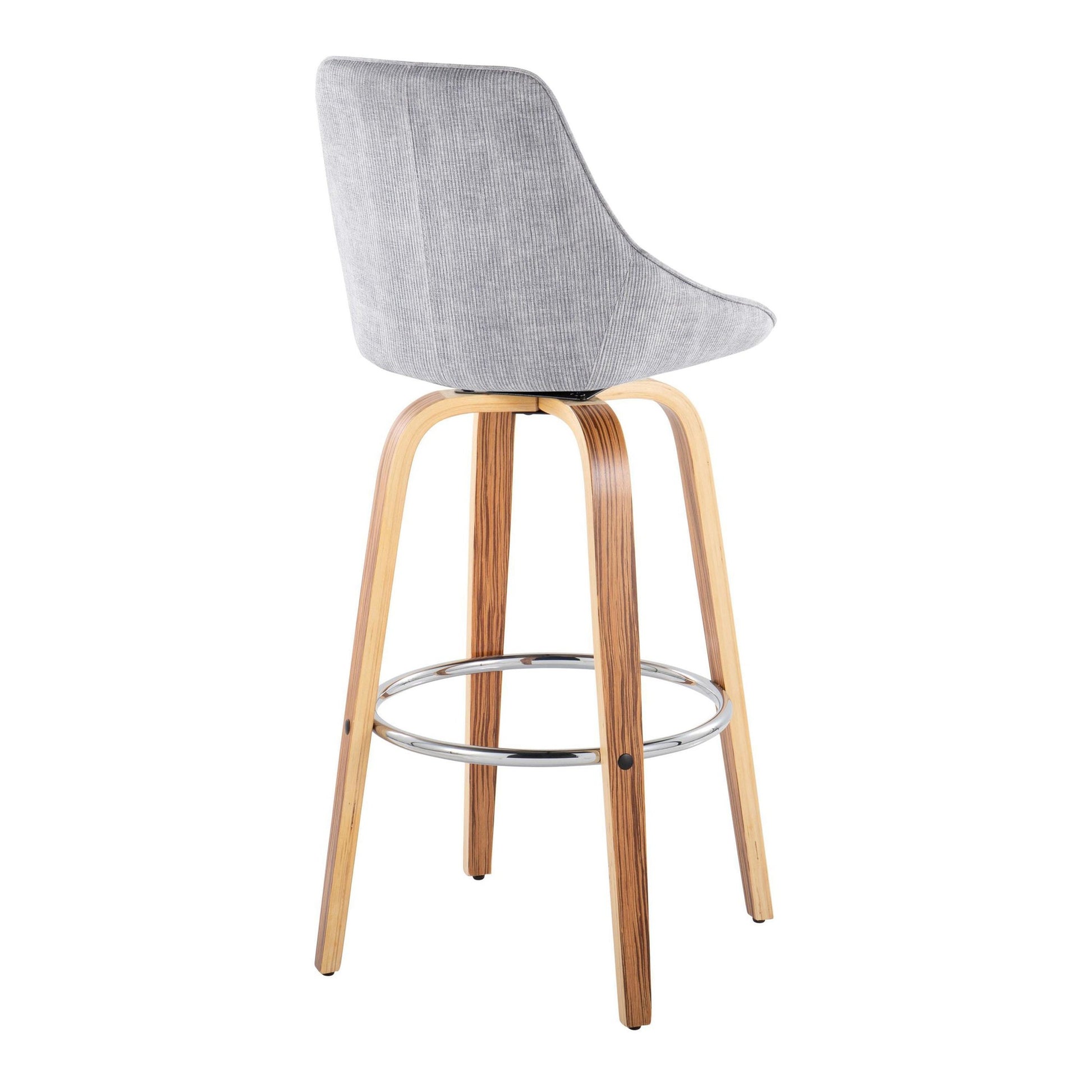 Diana 30" Contemporary Fixed-Height Barstool with Swivel in Zebra Wood and Blue Corduroy Fabric with Round Chrome Footrest By LumiSource - Set of 2 | Bar Stools | Modishstore - 15