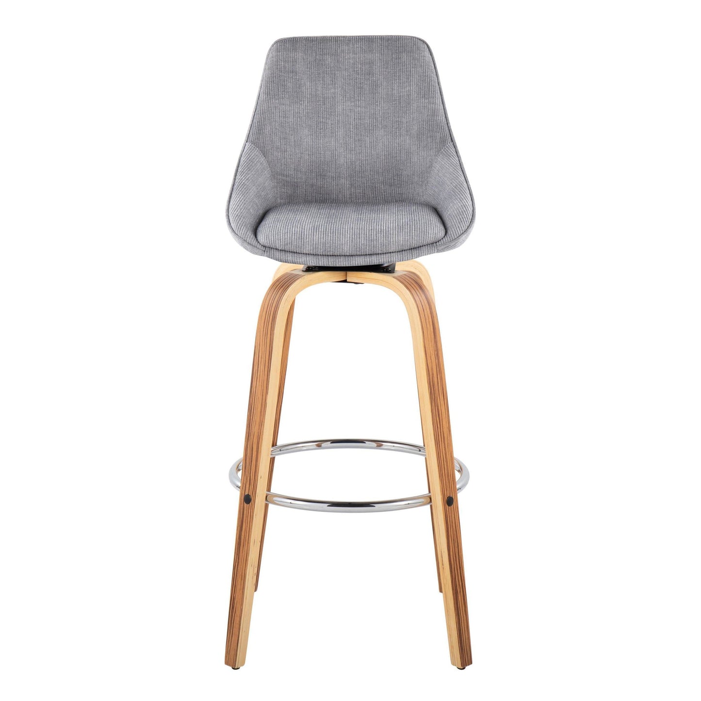 Diana 30" Contemporary Fixed-Height Barstool with Swivel in Zebra Wood and Blue Corduroy Fabric with Round Chrome Footrest By LumiSource - Set of 2 | Bar Stools | Modishstore - 10