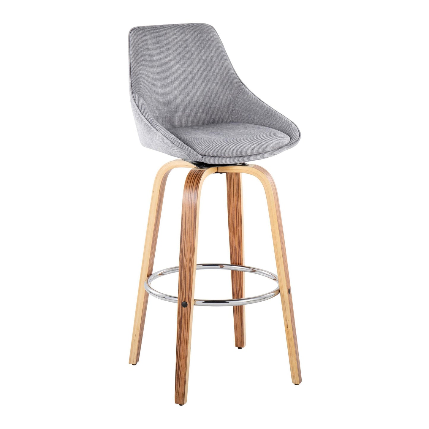 Diana 30" Contemporary Fixed-Height Barstool with Swivel in Zebra Wood and Blue Corduroy Fabric with Round Chrome Footrest By LumiSource - Set of 2 | Bar Stools | Modishstore - 13