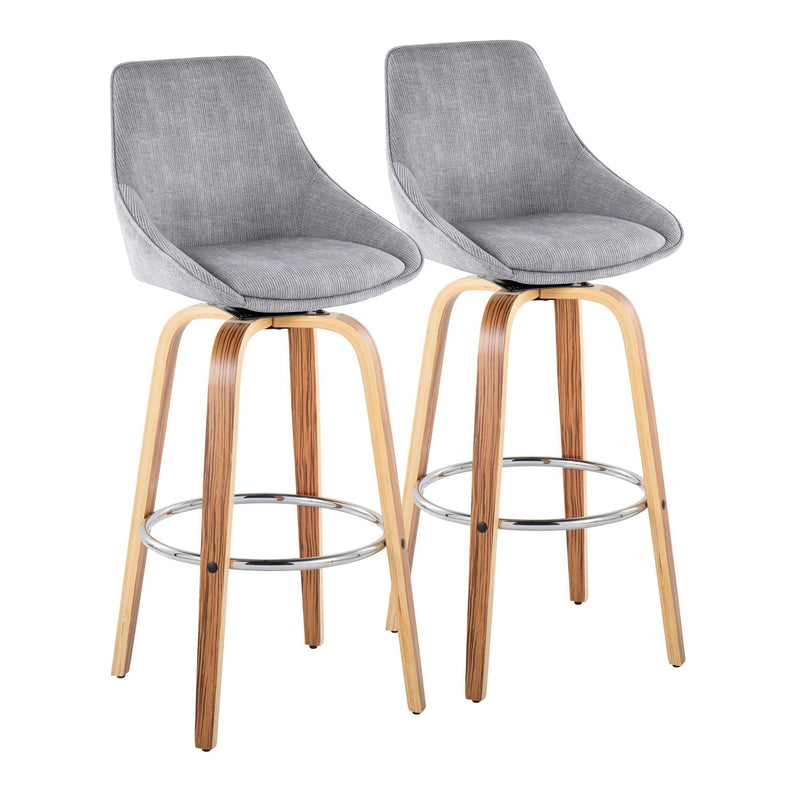 Diana 30" Contemporary Fixed-Height Barstool with Swivel in Zebra Wood and Blue Corduroy Fabric with Round Chrome Footrest By LumiSource - Set of 2 | Bar Stools | Modishstore - 9