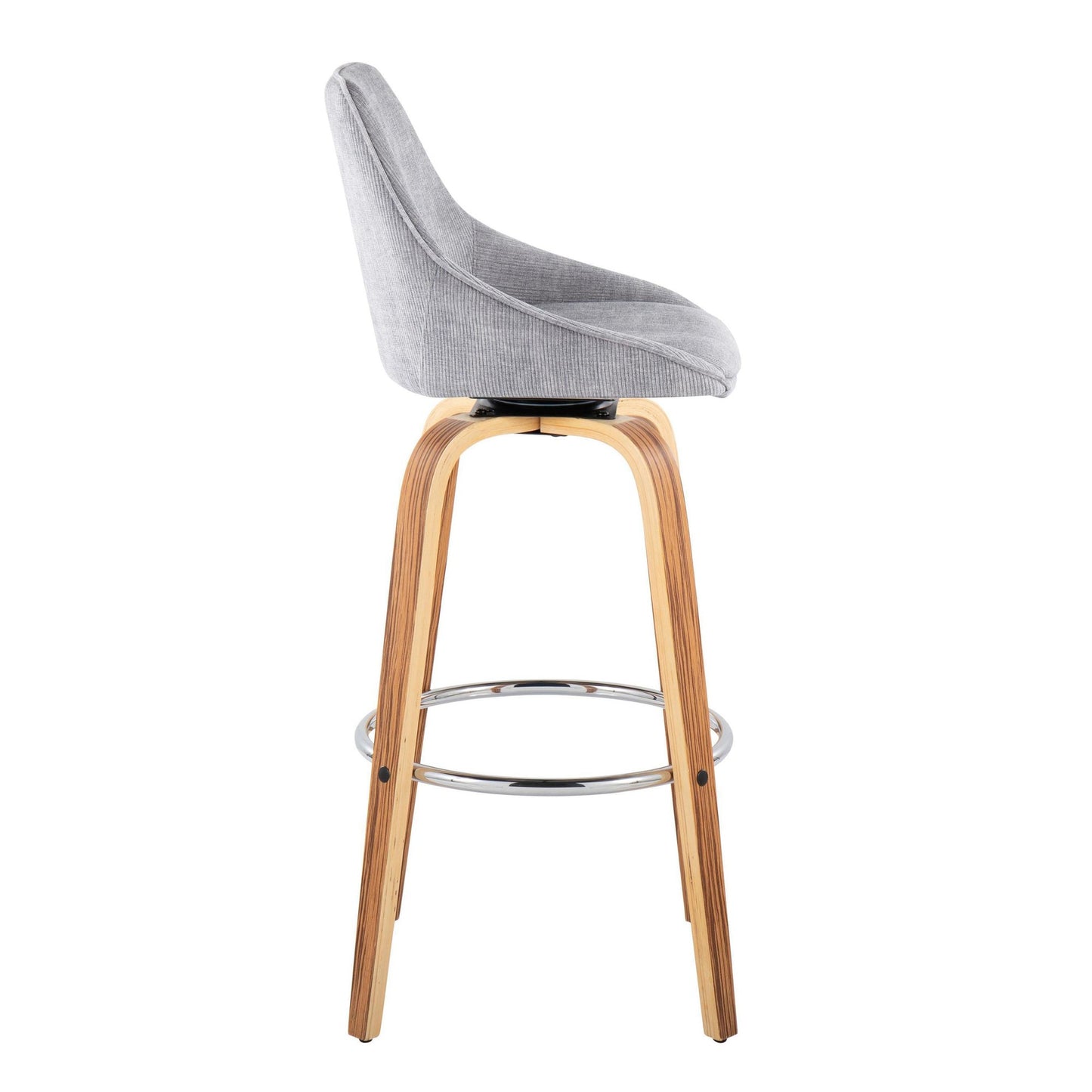 Diana 30" Contemporary Fixed-Height Barstool with Swivel in Zebra Wood and Blue Corduroy Fabric with Round Chrome Footrest By LumiSource - Set of 2 | Bar Stools | Modishstore - 14
