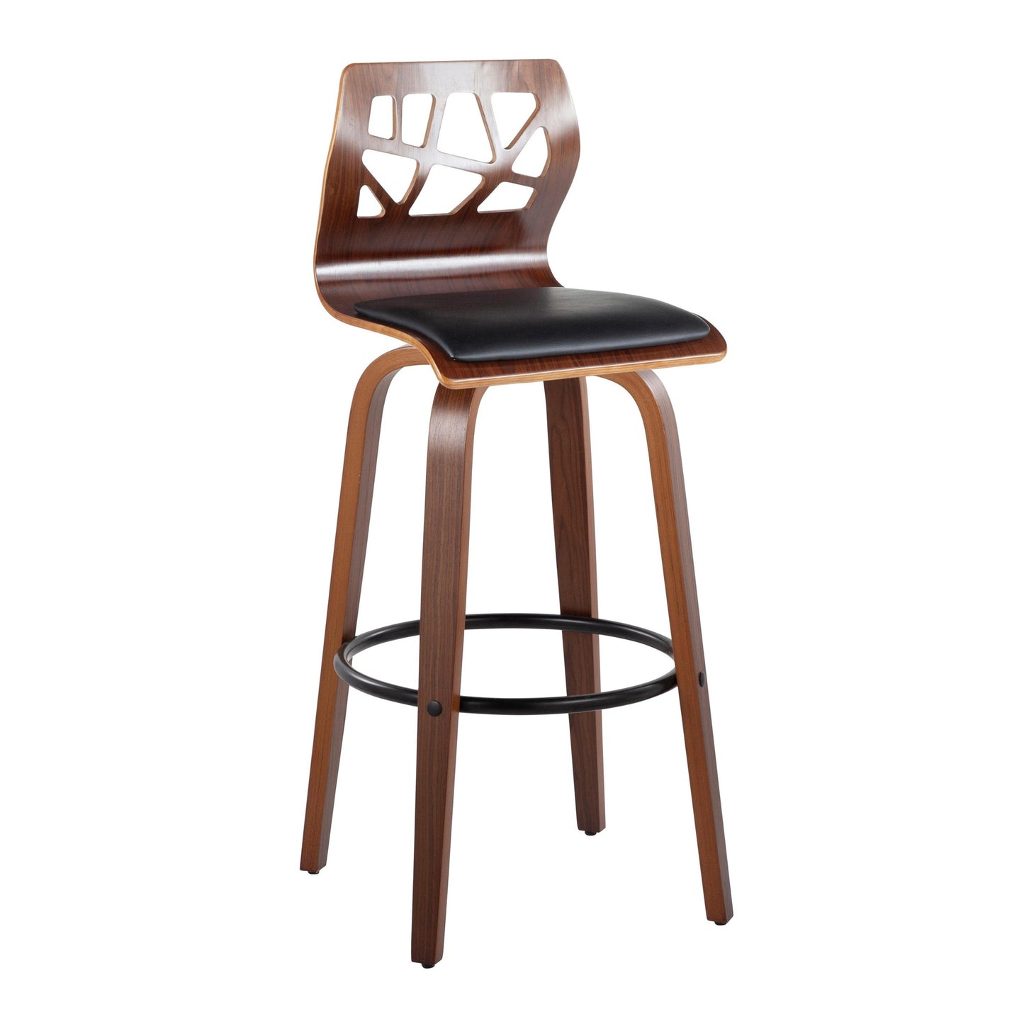 Folia 30" Mid-Century Modern Fixed-Height Barstool with Swivel in Walnut Wood and Black Faux Leather with Round Black Metal Footrest By LumiSource - Set of 2 | Bar Stools | Modishstore - 6