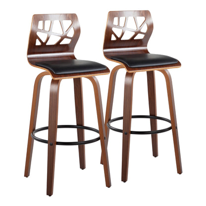 Folia 30" Mid-Century Modern Fixed-Height Barstool with Swivel in Walnut Wood and Black Faux Leather with Round Black Metal Footrest By LumiSource - Set of 2 | Bar Stools | Modishstore - 2