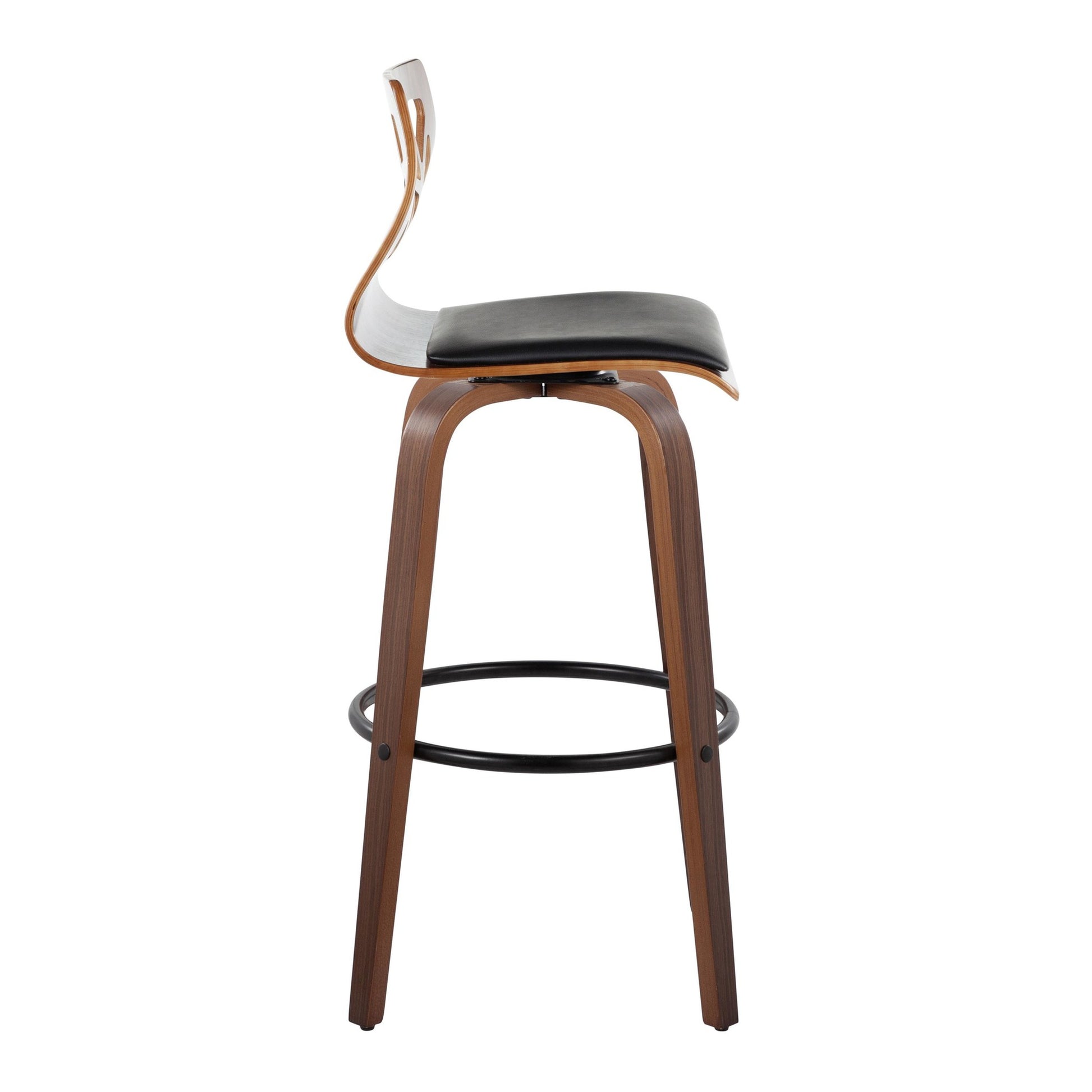 Folia 30" Mid-Century Modern Fixed-Height Barstool with Swivel in Walnut Wood and Black Faux Leather with Round Black Metal Footrest By LumiSource - Set of 2 | Bar Stools | Modishstore - 7