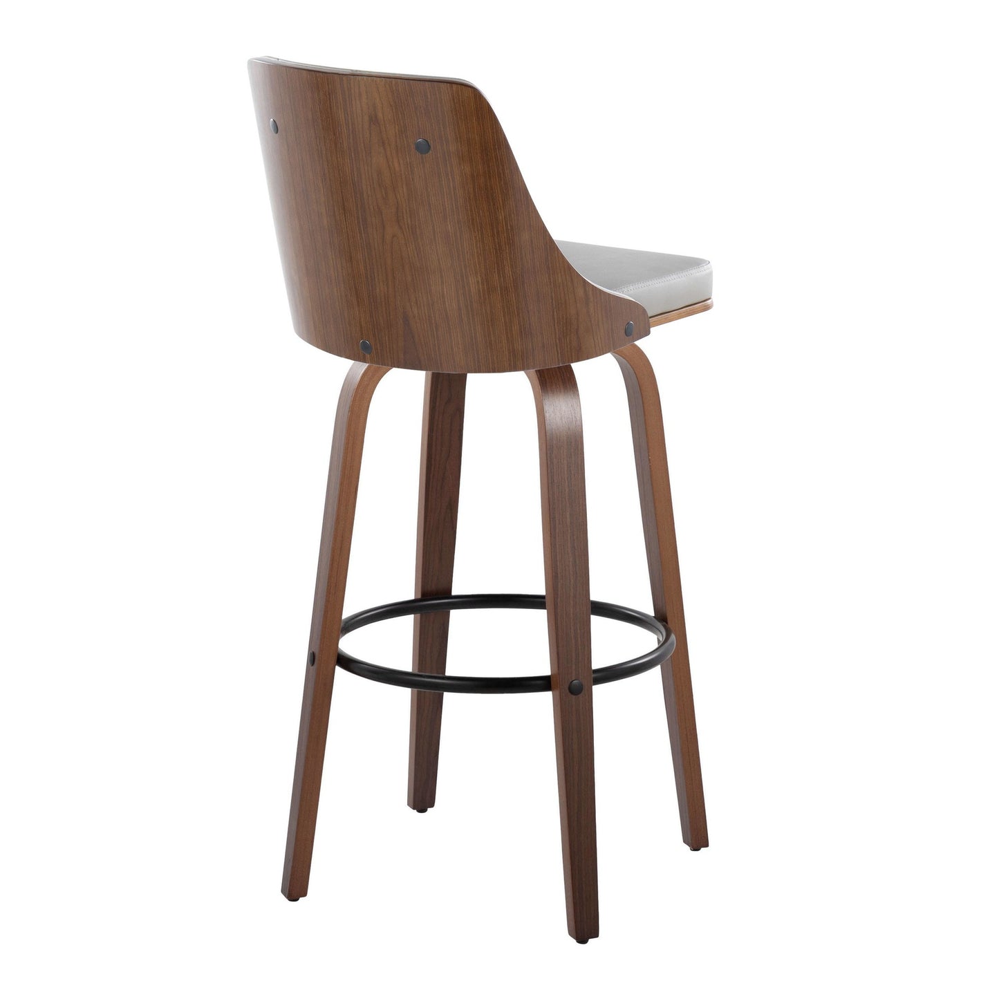 Gianna Mid-Century Modern Fixed-Height Barstool with Swivel in Walnut Wood and Light Grey Faux Leather with Round Black Metal Footrest By LumiSource - Set of 2 | Bar Stools | Modishstore - 7