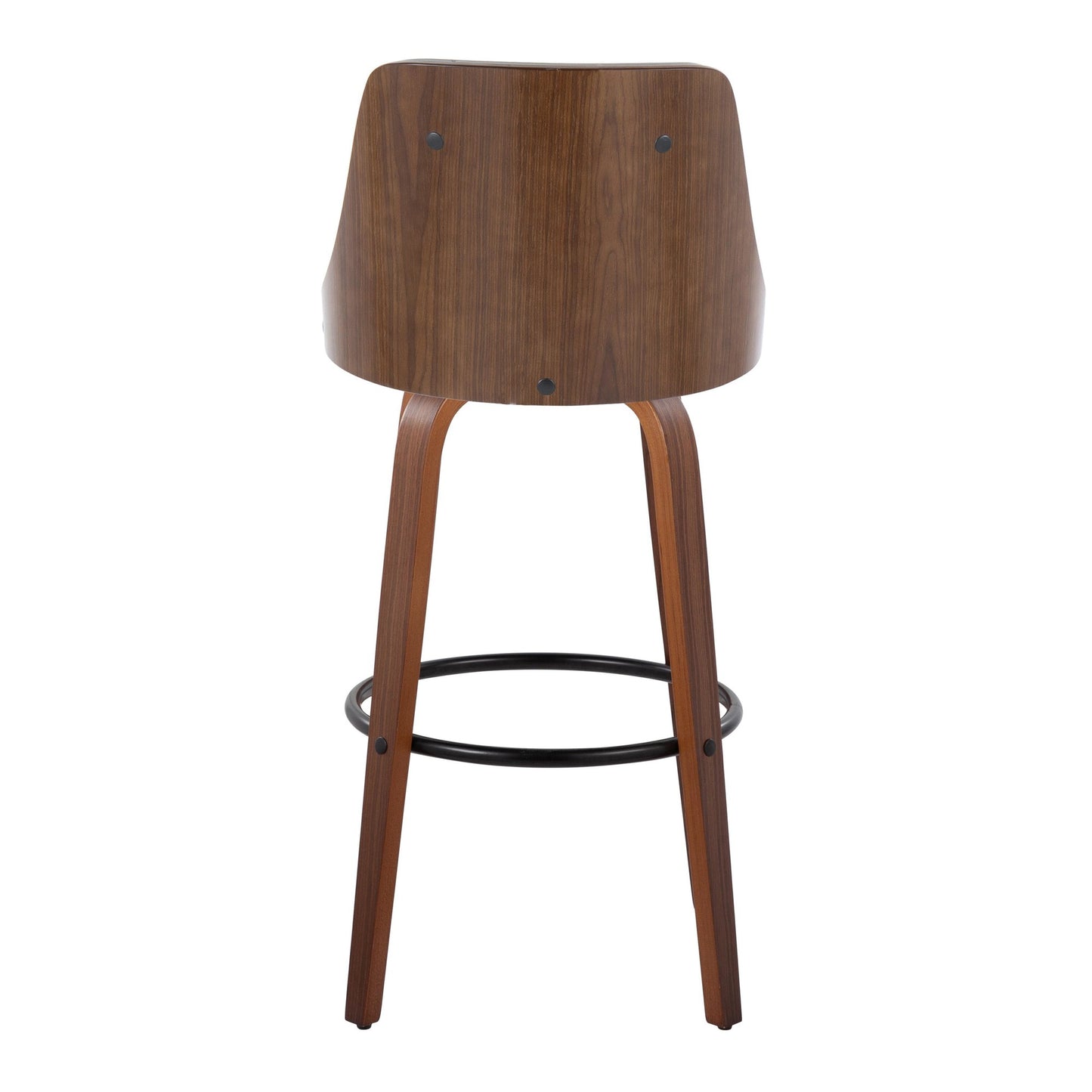 Gianna Mid-Century Modern Fixed-Height Barstool with Swivel in Walnut Wood and Light Grey Faux Leather with Round Black Metal Footrest By LumiSource - Set of 2 | Bar Stools | Modishstore - 8