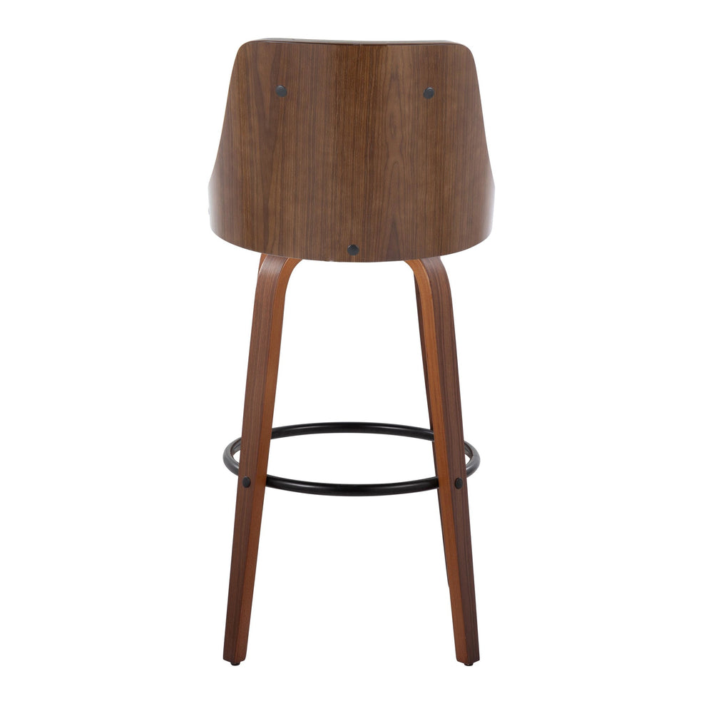 Gianna Mid-Century Modern Fixed-Height Barstool with Swivel in Walnut Wood and Light Grey Faux Leather with Round Black Metal Footrest By LumiSource - Set of 2 | Bar Stools | Modishstore - 8