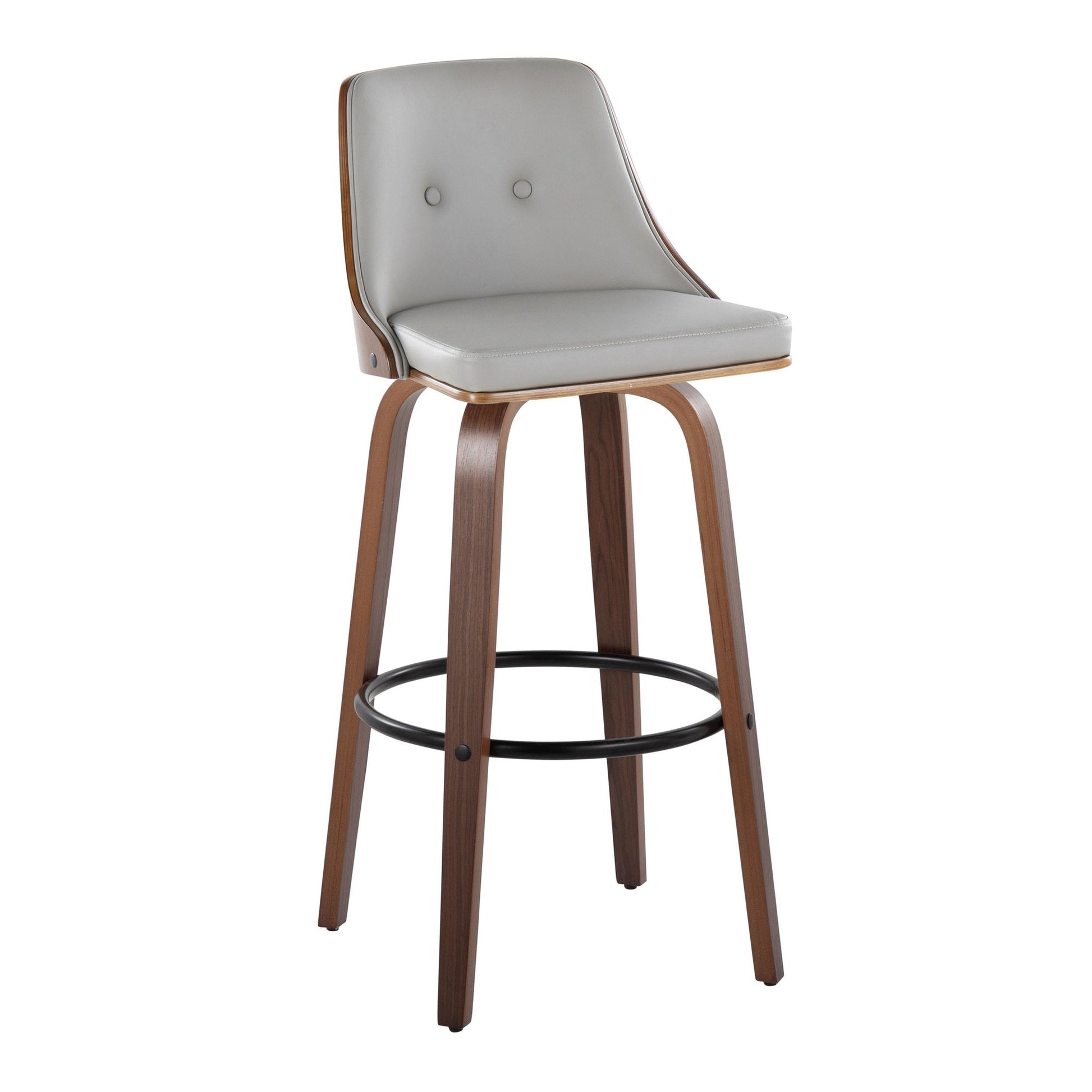 Gianna Mid-Century Modern Fixed-Height Barstool with Swivel in Walnut Wood and Light Grey Faux Leather with Round Black Metal Footrest By LumiSource - Set of 2 | Bar Stools | Modishstore - 5