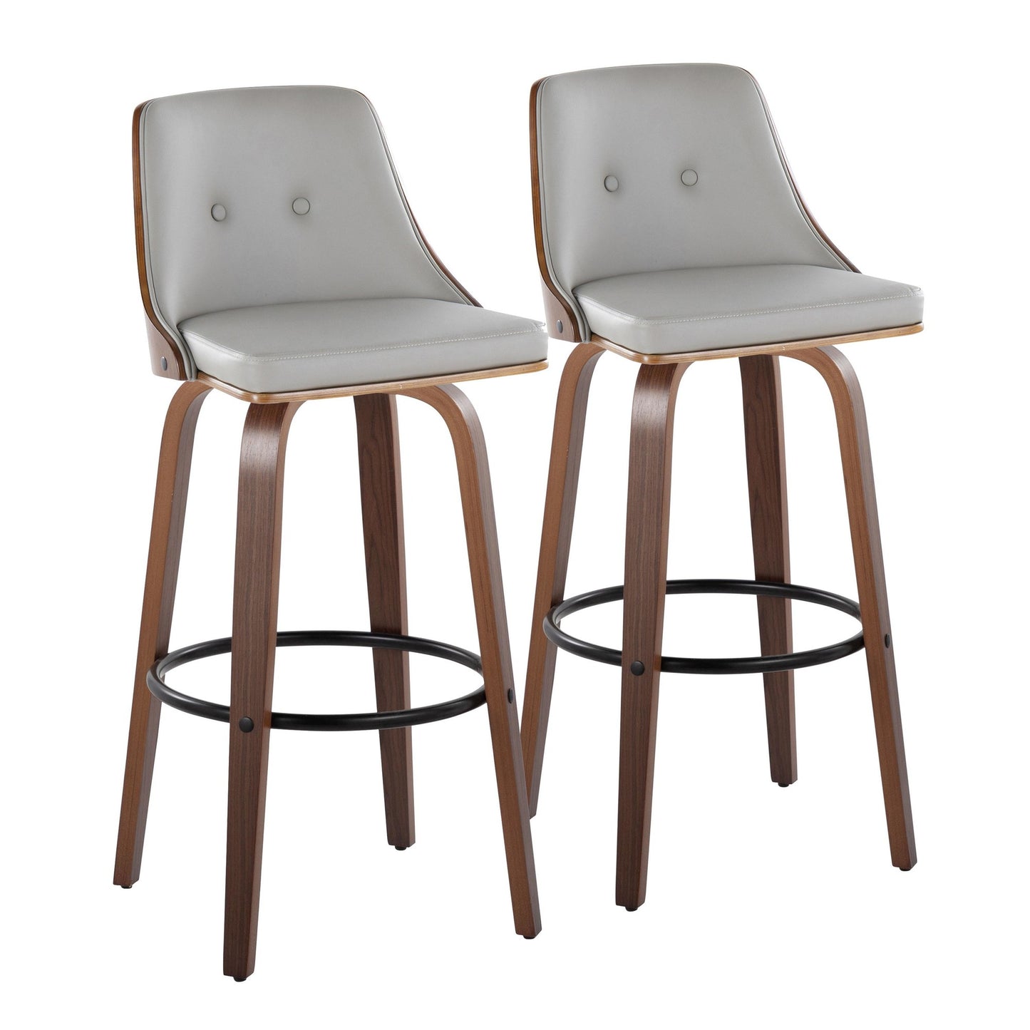 Gianna Mid-Century Modern Fixed-Height Barstool with Swivel in Walnut Wood and Light Grey Faux Leather with Round Black Metal Footrest By LumiSource - Set of 2 | Bar Stools | Modishstore - 2