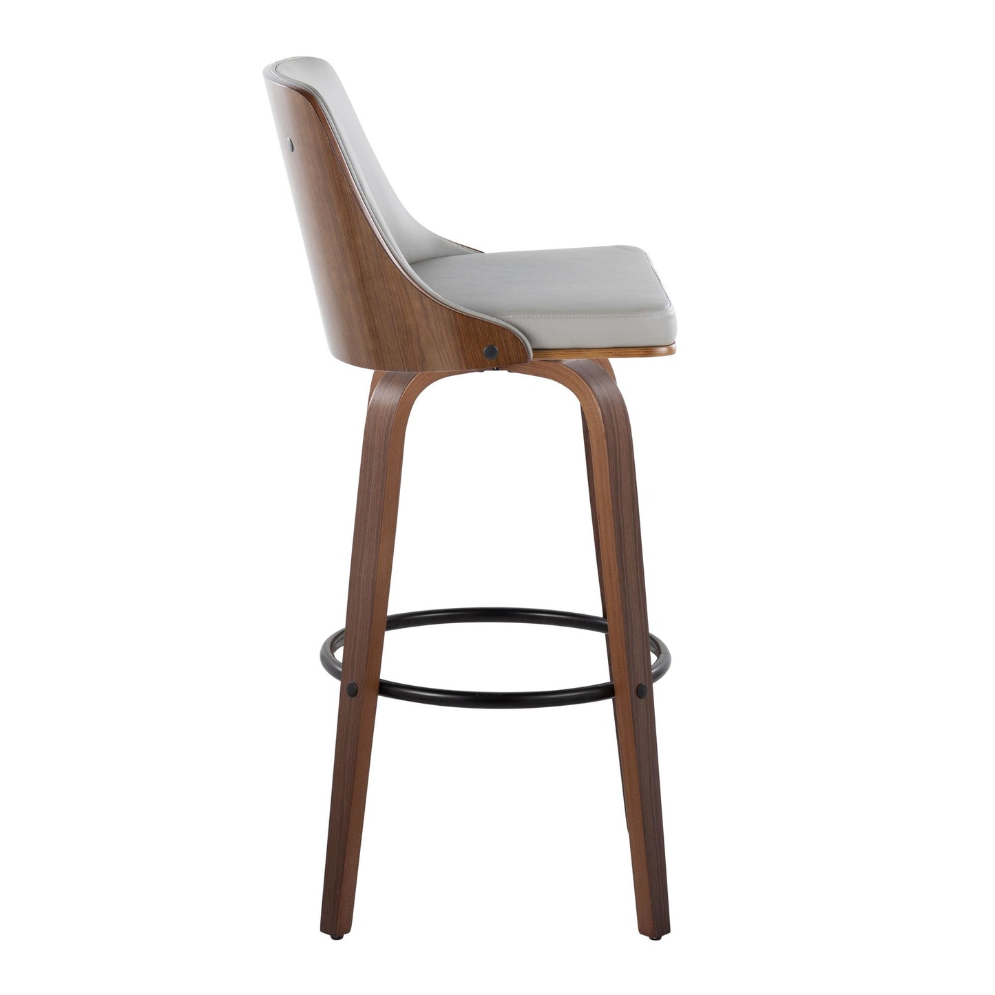 Gianna Mid-Century Modern Fixed-Height Barstool with Swivel in Walnut Wood and Light Grey Faux Leather with Round Black Metal Footrest By LumiSource - Set of 2 | Bar Stools | Modishstore - 6