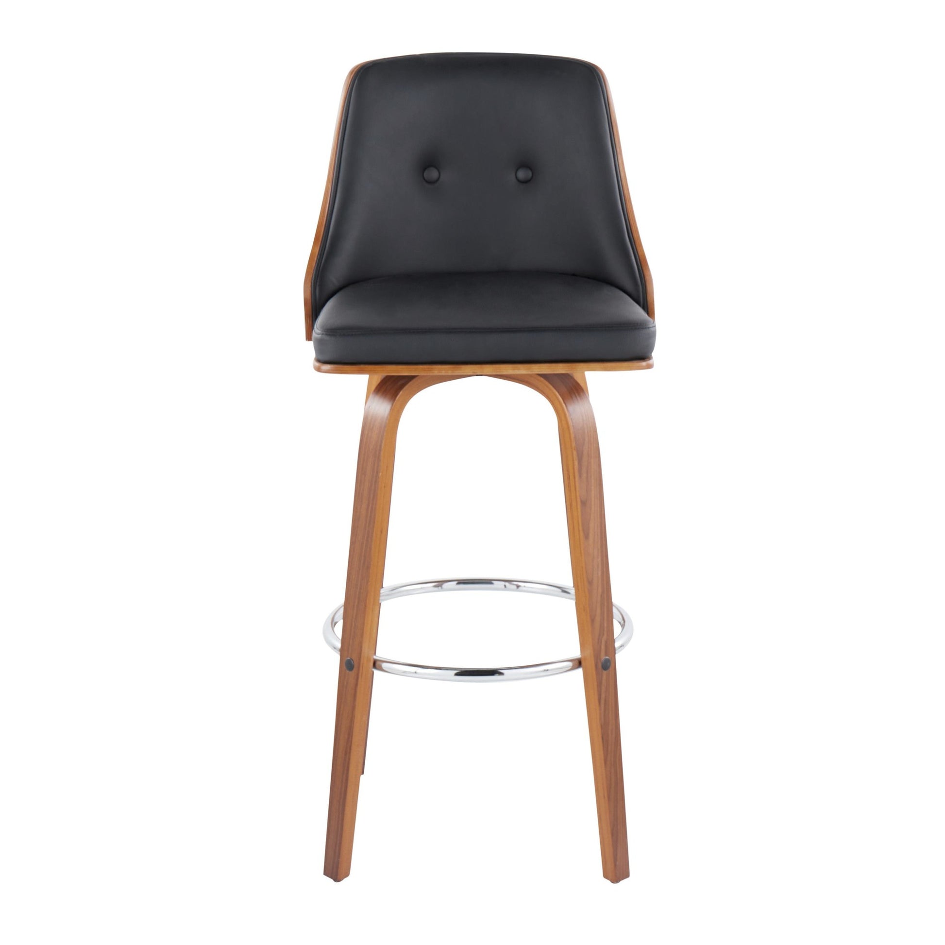 Gianna Mid-Century Modern Fixed-Height Barstool with Swivel in Walnut Wood and Black Faux Leather with Round Chrome Metal Footrest By LumiSource - Set of 2 | Bar Stools | Modishstore - 3