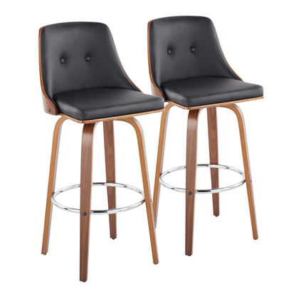 Gianna Mid-Century Modern Fixed-Height Barstool with Swivel in Walnut Wood and Black Faux Leather with Round Chrome Metal Footrest By LumiSource - Set of 2 | Bar Stools | Modishstore - 2