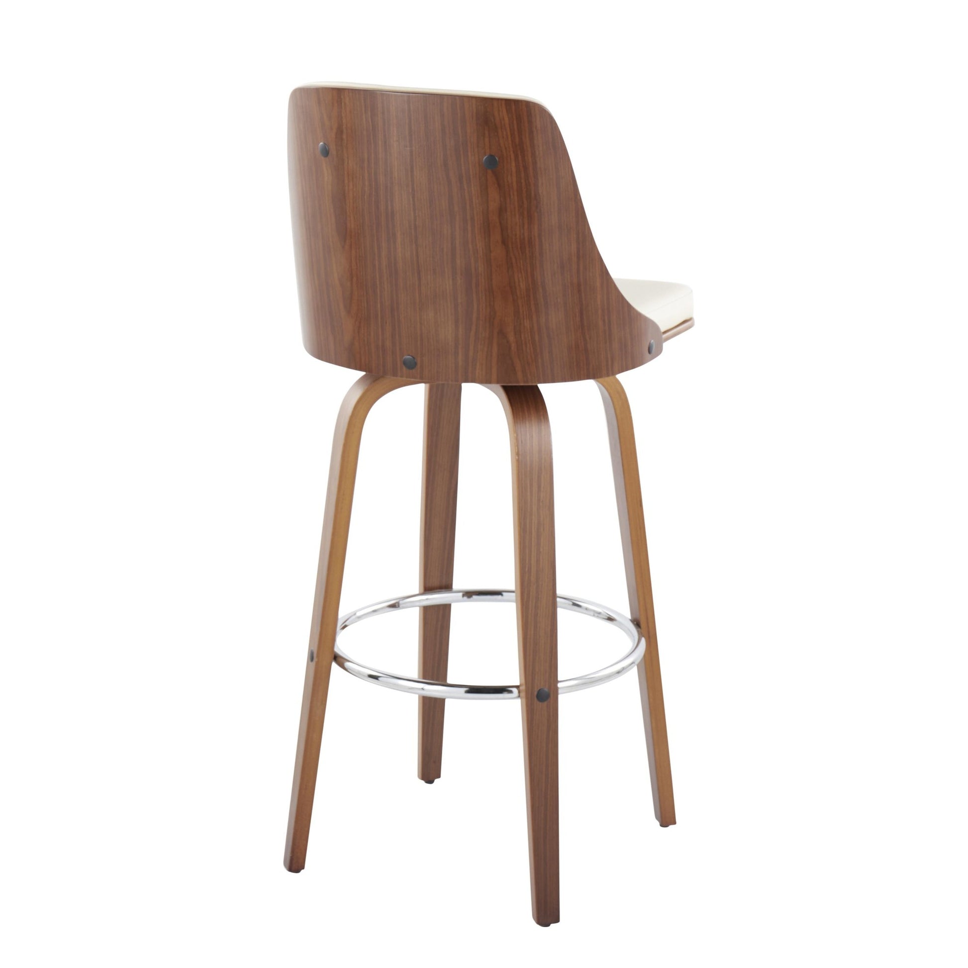 Gianna Mid-Century Modern Fixed-Height Barstool with Swivel in Walnut Wood and Black Faux Leather with Round Chrome Metal Footrest By LumiSource - Set of 2 | Bar Stools | Modishstore - 17